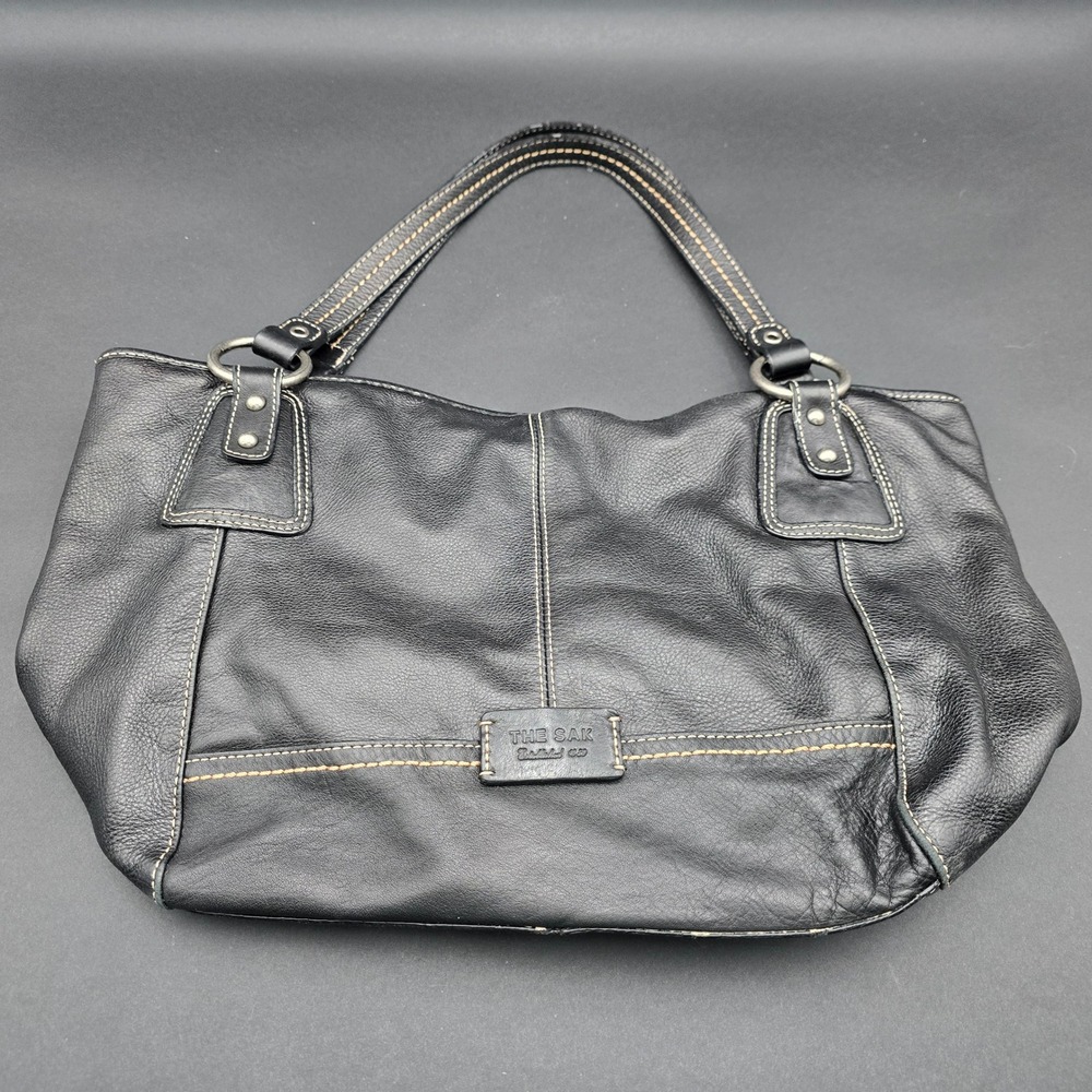 The Sak Black Pebbled Leather Shoulder Bag Tote Tan Stitching Silver Hardware